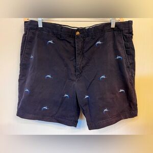 Vintage Polo Ralph Lauren Shorts Mens 38 Blue All Over Marlin Print‎ Chino Navy